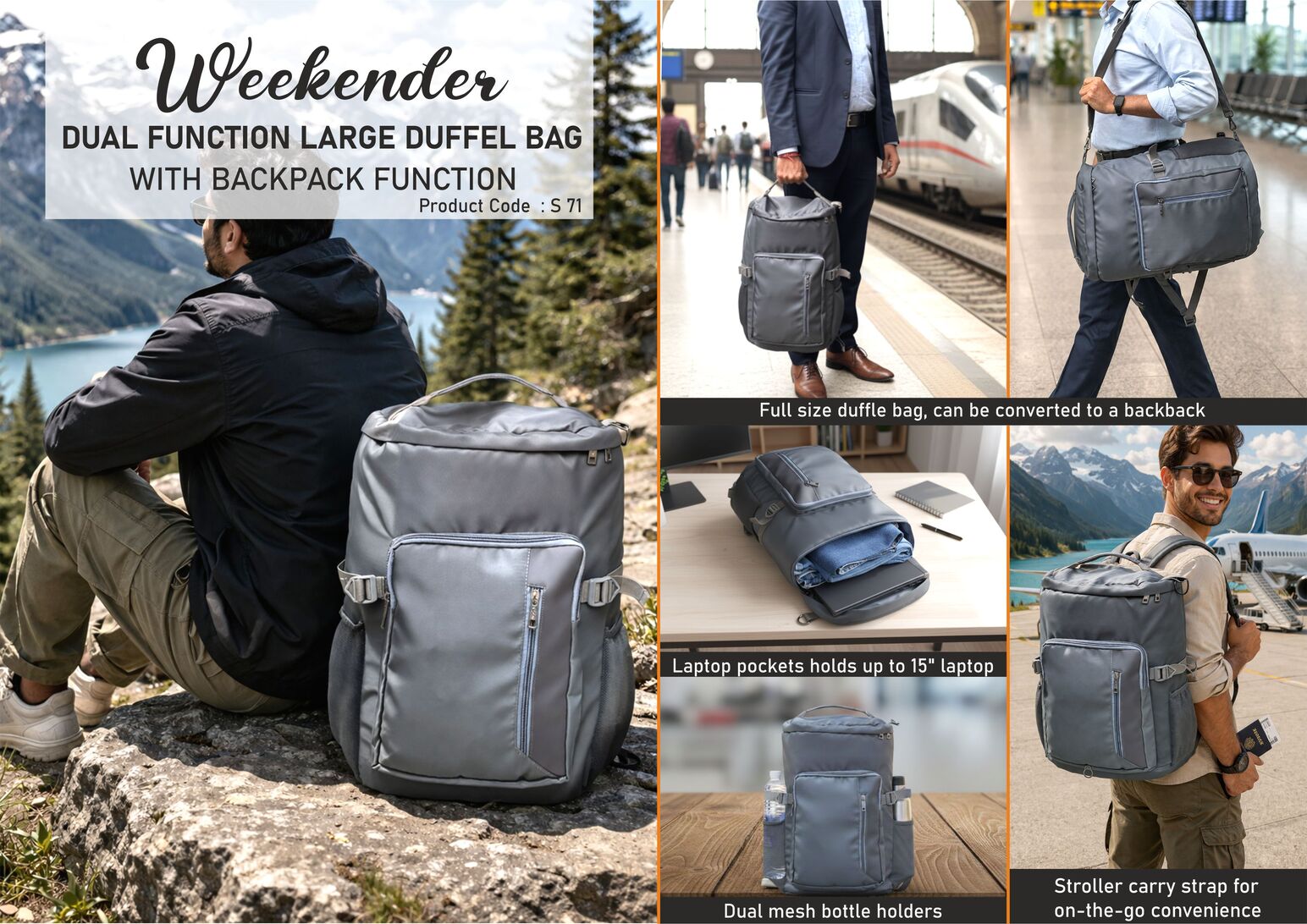 Weekender: Dual function Large Duffel Bag with Backpack
function | Can be used as an Overnighter | Water resistant fabric
| Spacious outside pockets
