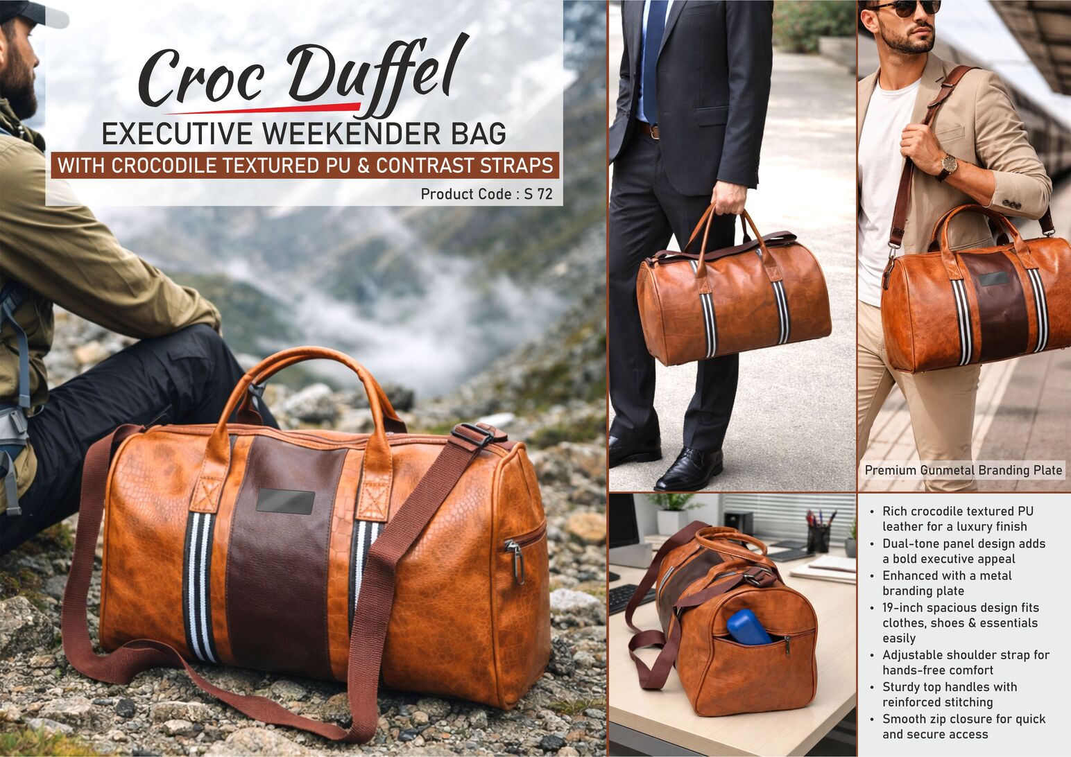 Croc Duffel: Executive Weekender Bag with Crocodile Textured
PU & Contrast Straps | 19 inch length | Metal Branding plate