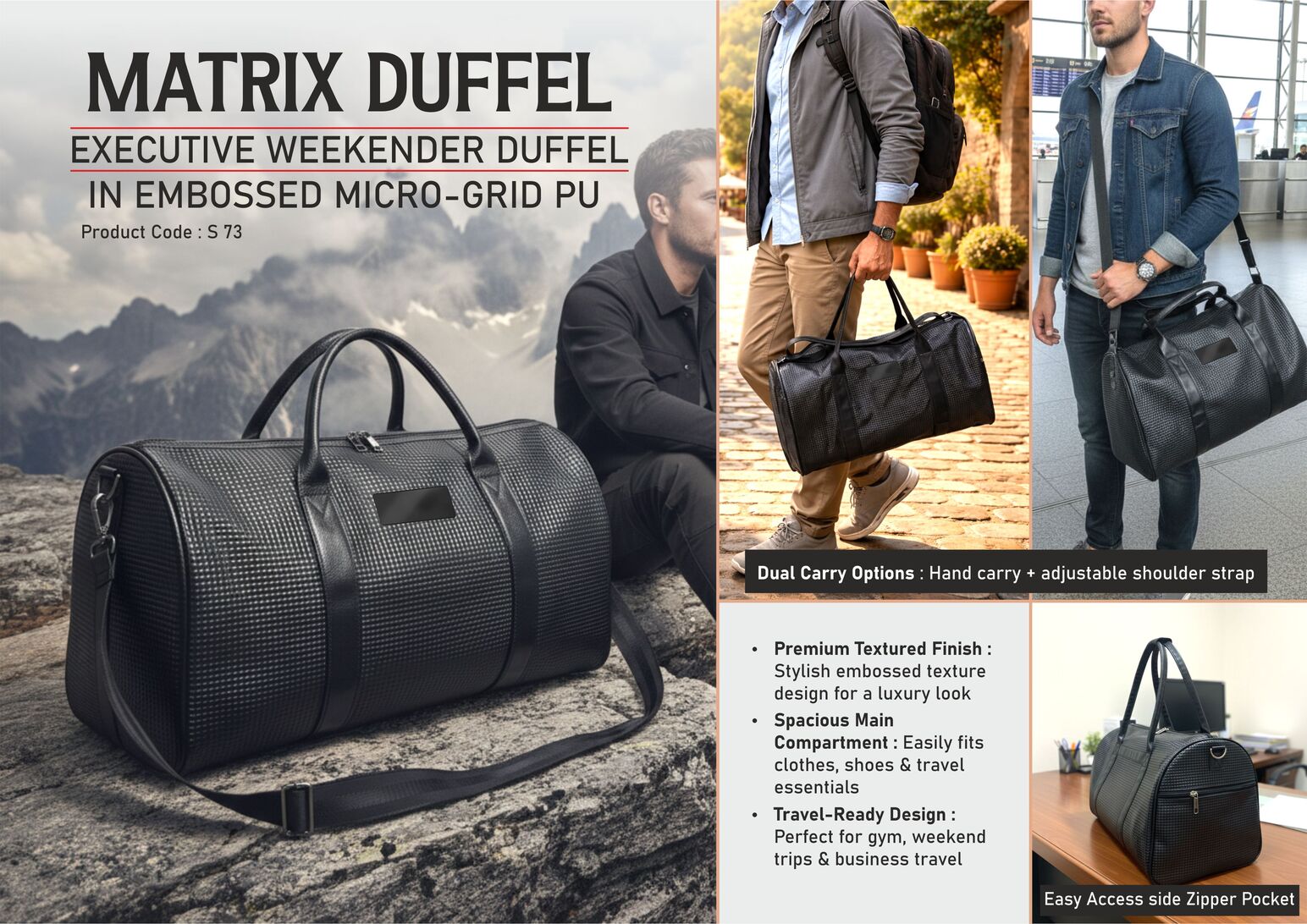 Matrix Duffel: Executive Weekender Duffel in Embossed Micro-
Grid PU | 19 inch length | Super premium finish | Metal Branding
plate