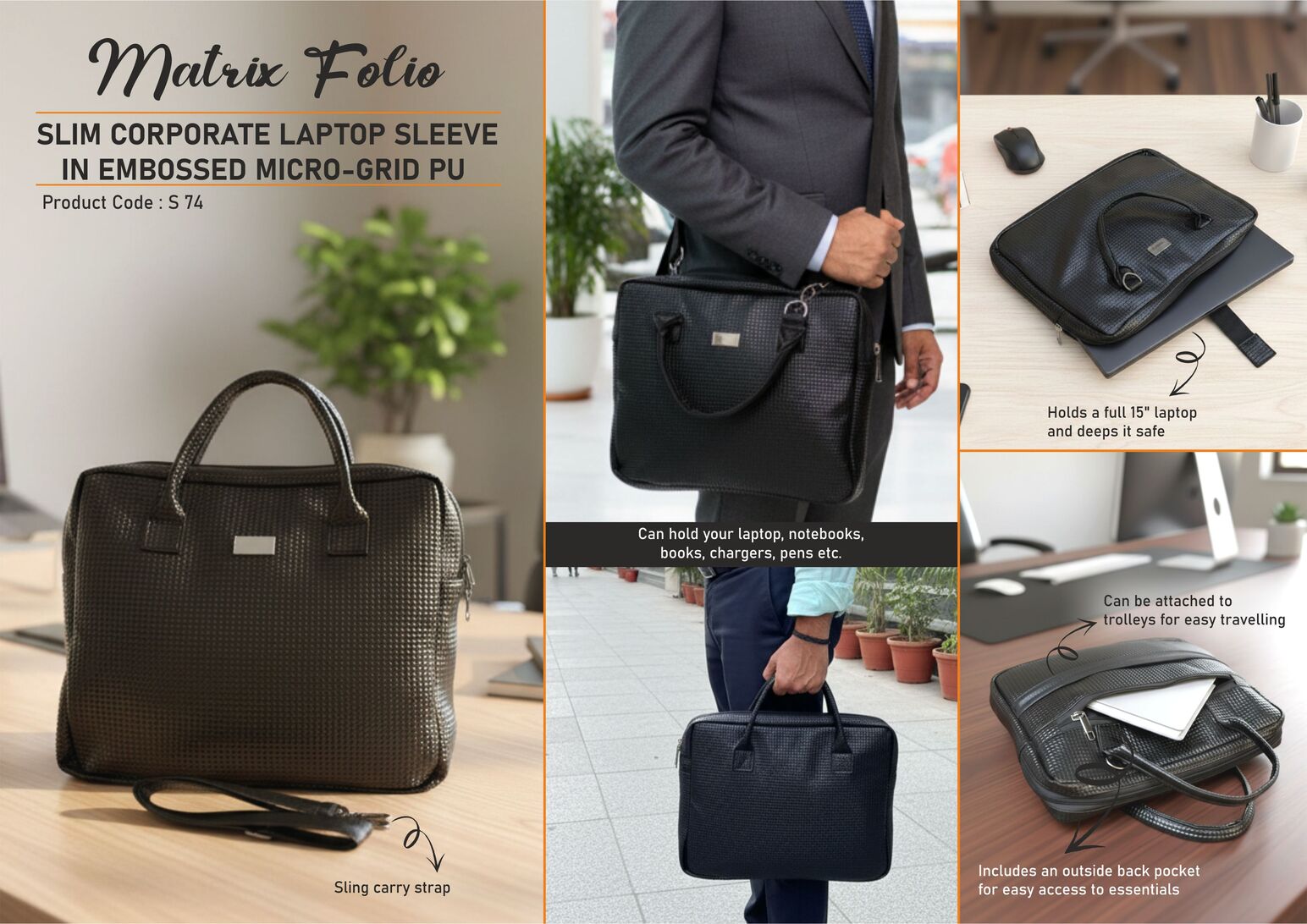 Matrix Folio: Slim Corporate Laptop Sleeve in Embossed Micro-
Grid PU | Super premium finish | Stroller carry strap | Metal
Branding plate