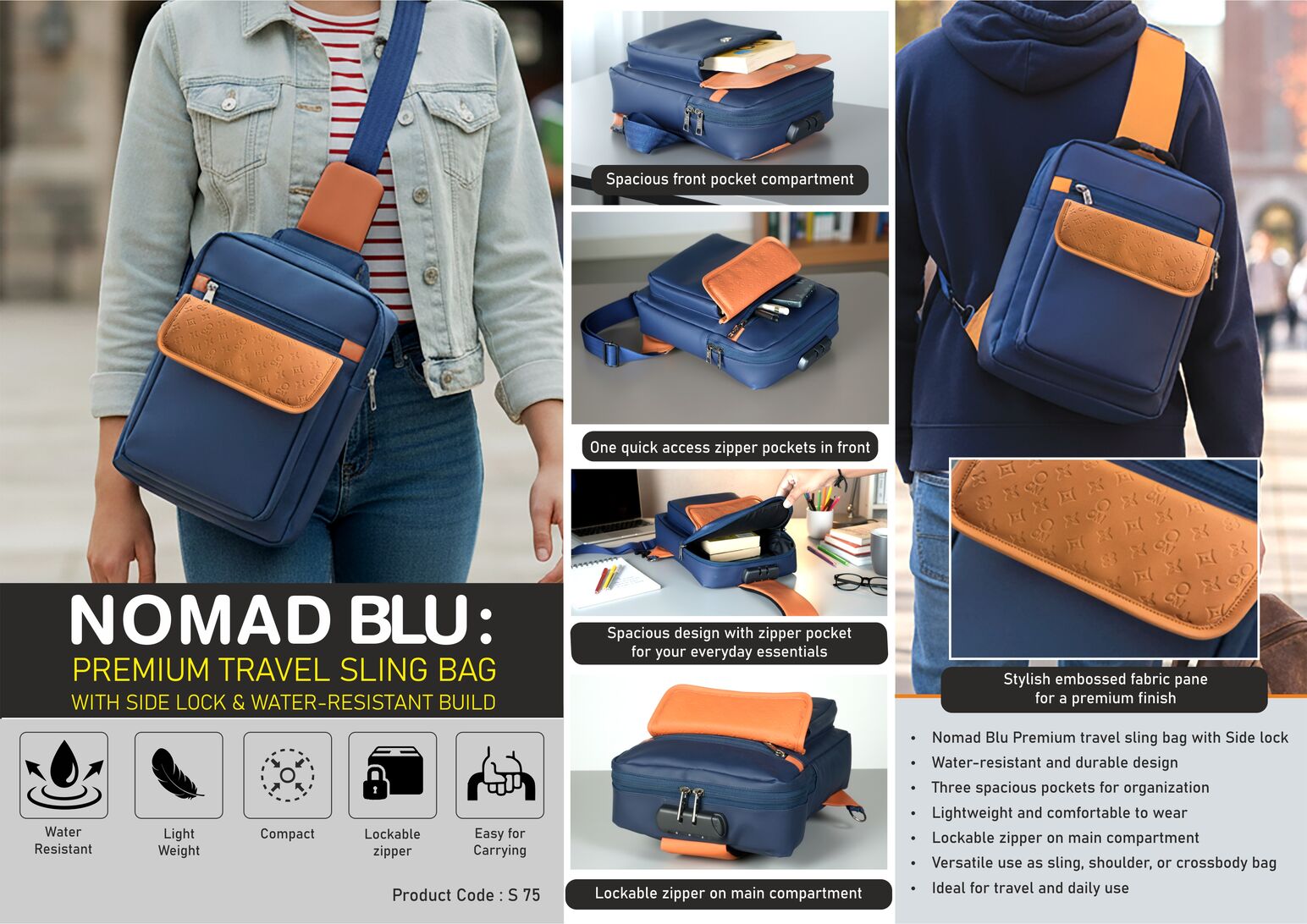 Nomad Blu: Premium travel sling bag with Side lock | Waterproof
build with 3 pockets | Perfect for travel