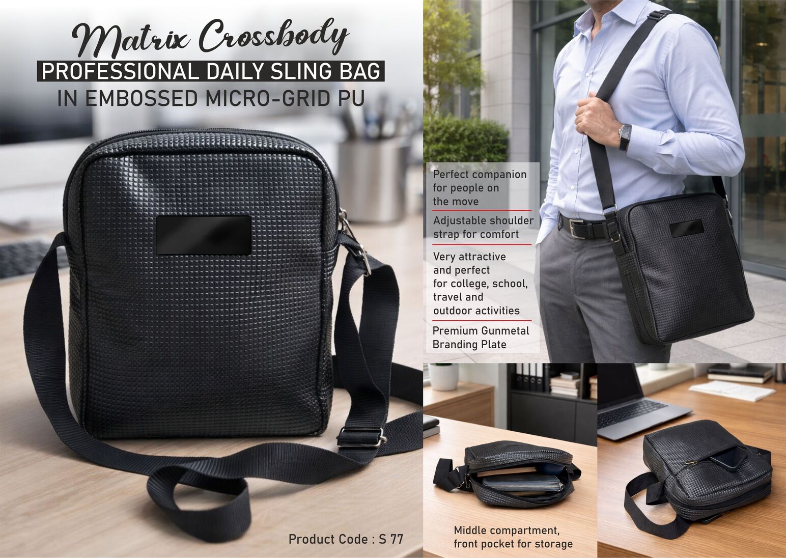Matrix Crossbody: Professional Daily Sling Bag in Embossed
Micro-Grid PU | Super premium finish | Metal Branding plate