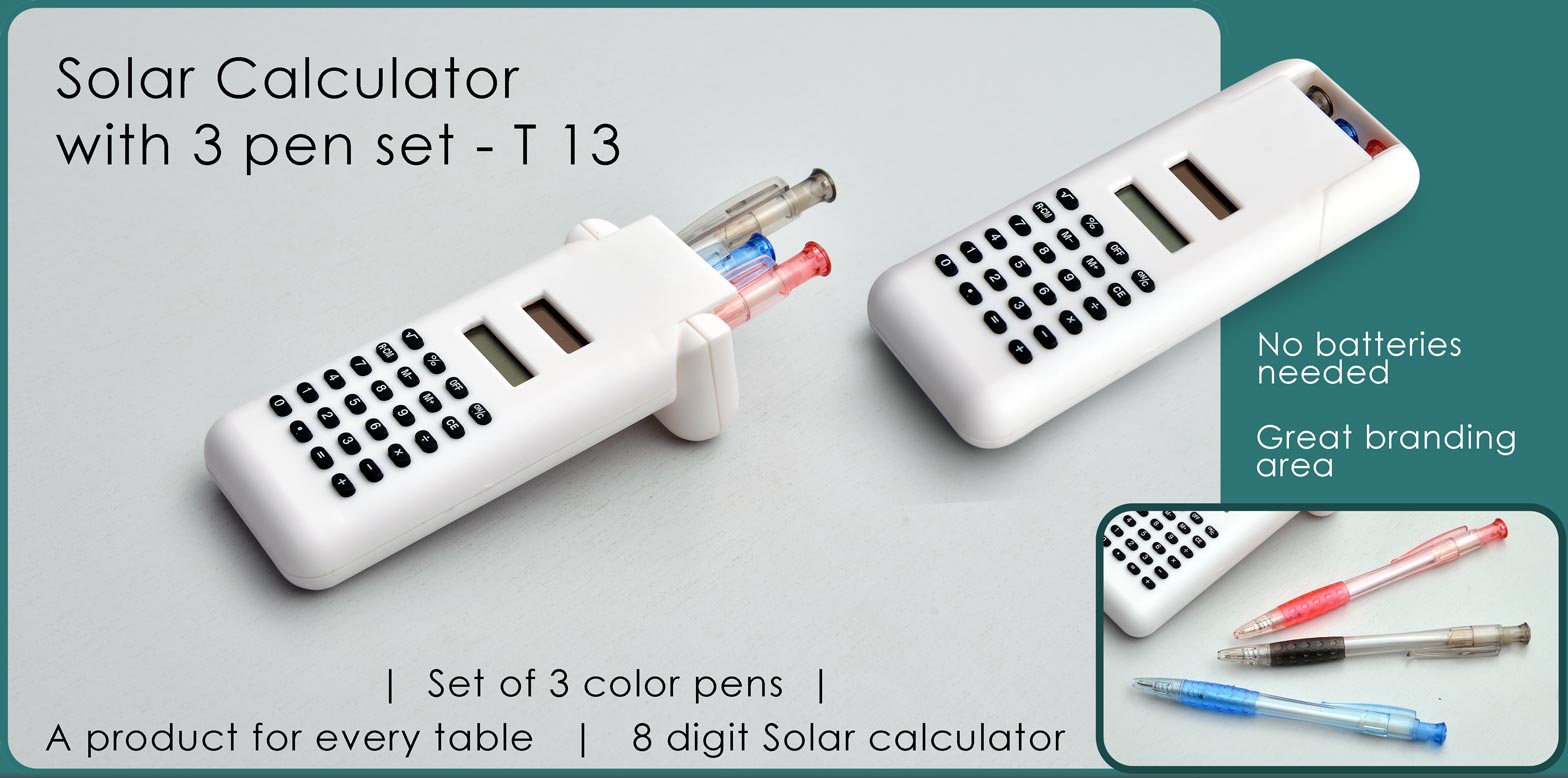 Solar calculator with 3 pen set