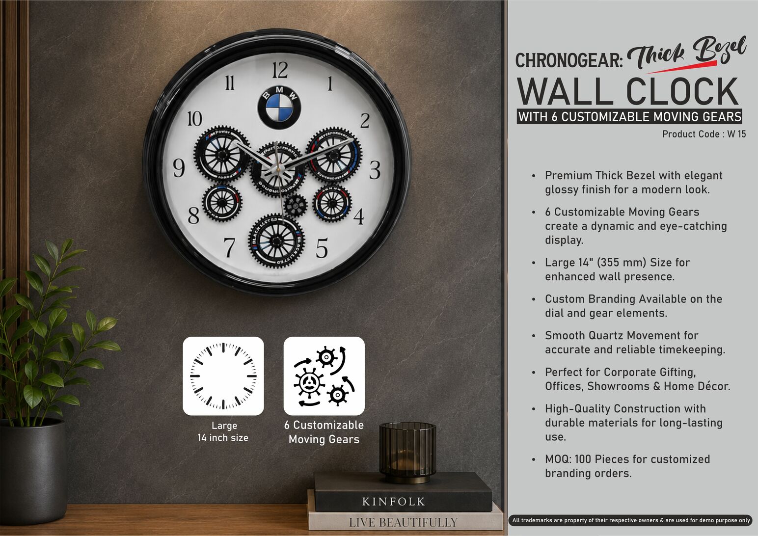 ChronoGear Canvas: Thick Bezel Wall clock with 6
Customizable moving gears | Large 14" clock size | Dial size
275mm | Branding MOQ 100 pc