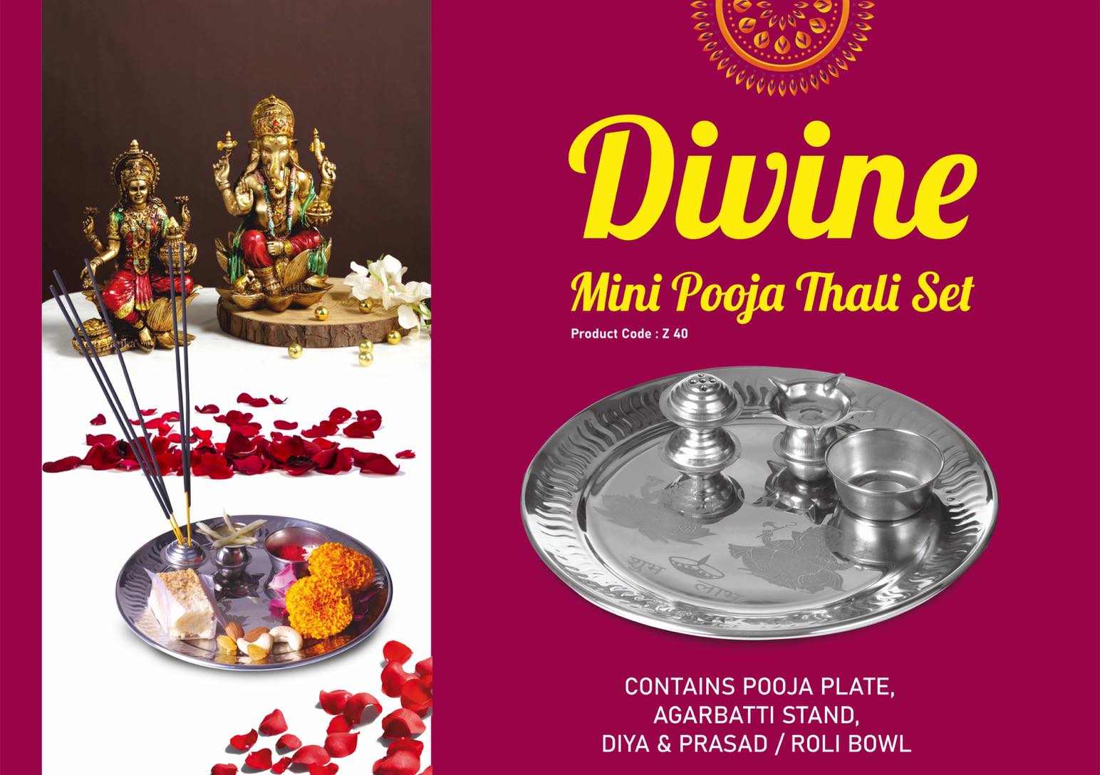 Divine Mini Pooja Thali set | Contains Pooja Plate, Agarbatti
stand, Diya, Prasad bowl | Contents attached with plate